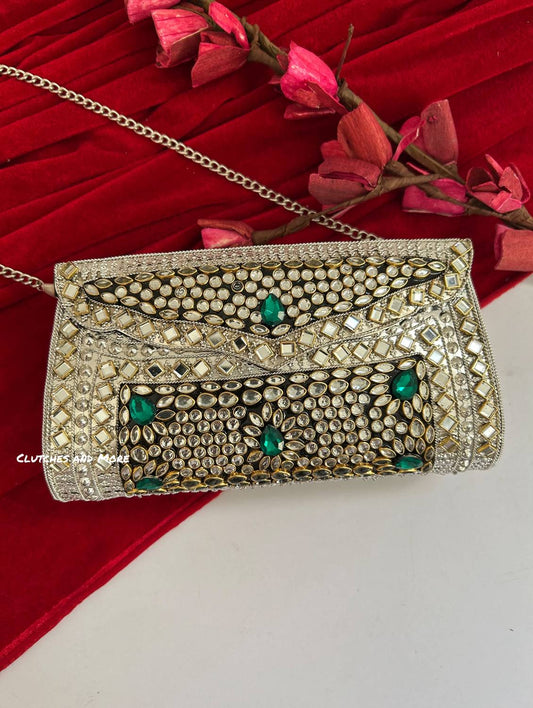 Kasika Kundan Brass Clutch Silver