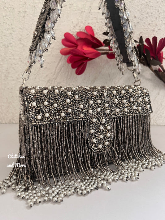 Saanjh Silver and pearl box clutch