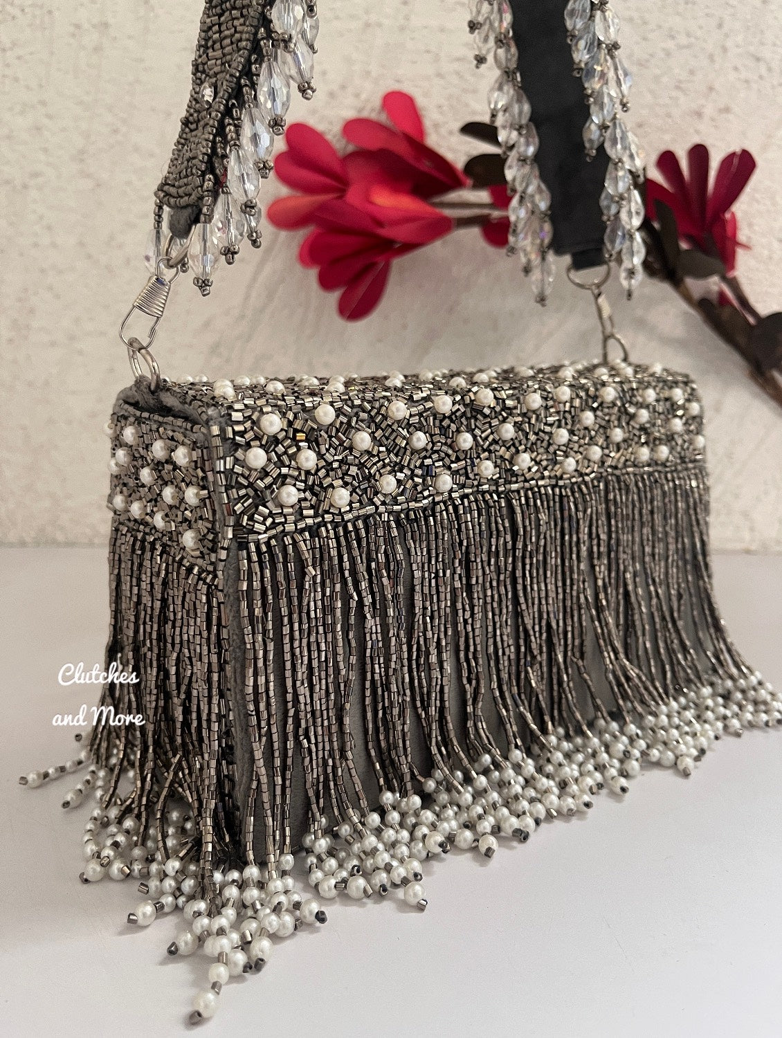 Saanjh Silver and pearl box clutch