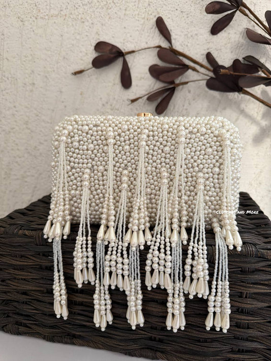 White Pearl Tassle Clutch