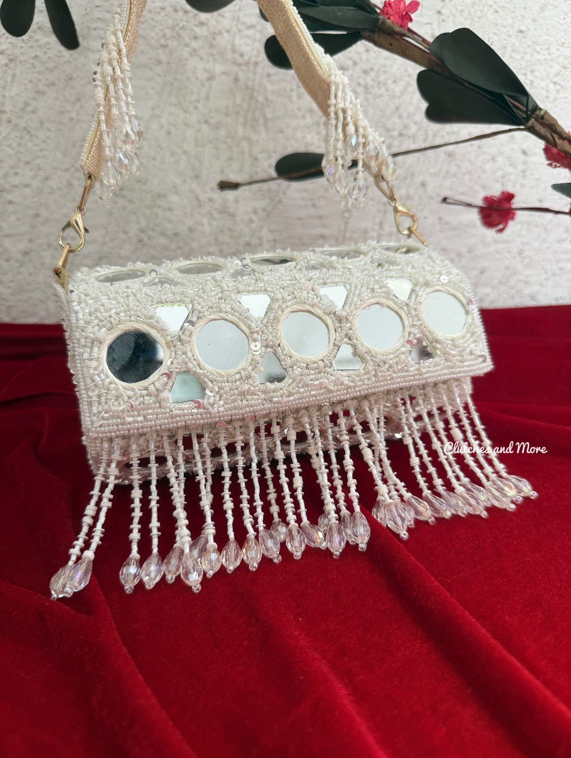 Cylindrical Mirror Bag with Tassles White
