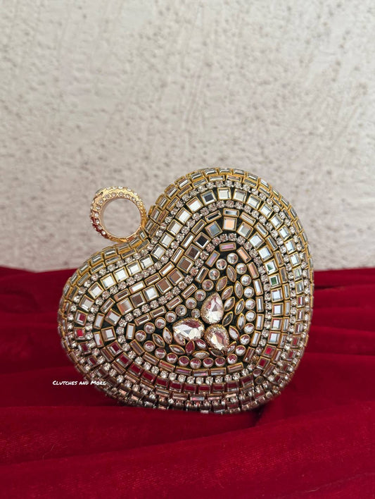 Kiana Kundan Heart Clutch Mini Nude Gold