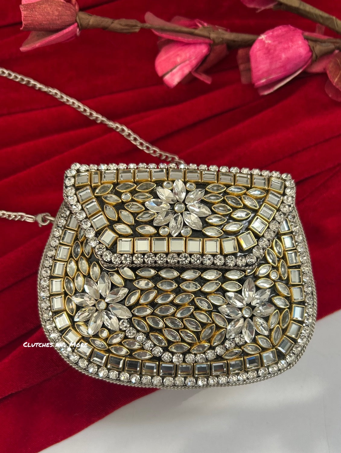 Kasika Kundan Brass Clutch Mini Silver