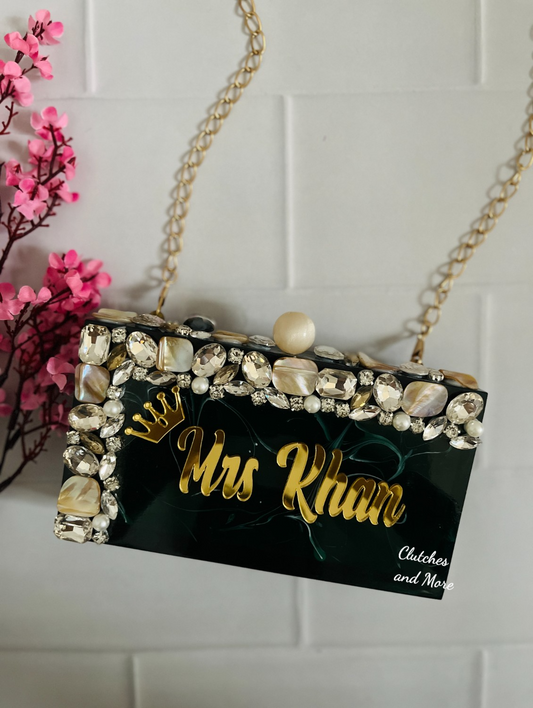 Bottle Green resin clutch with Name