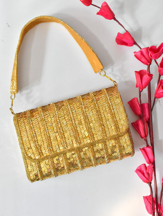 Gold Sequence Flap Clutch Bag