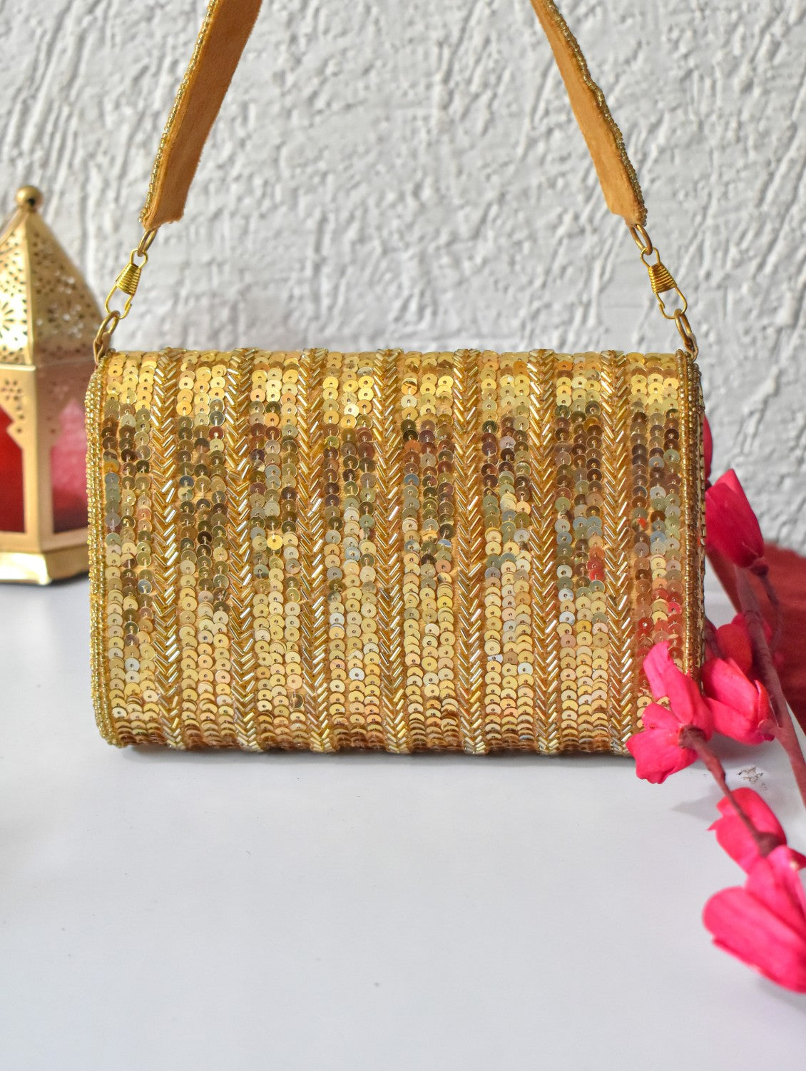 Gold Sequence Flap Clutch Bag