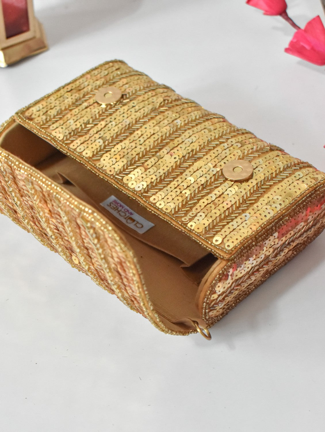 Gold Sequence Flap Clutch Bag