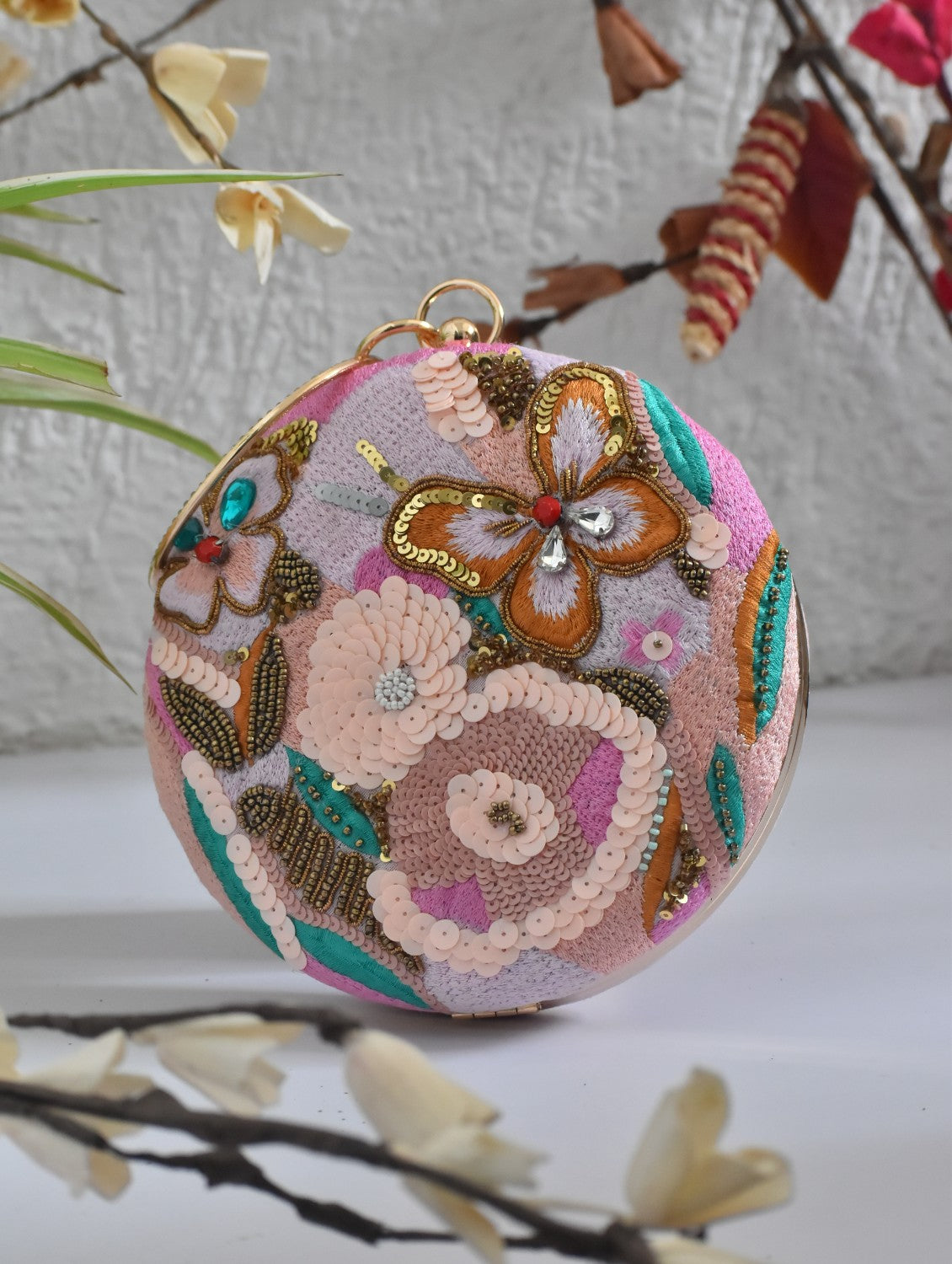 Pink butterfly round clutch