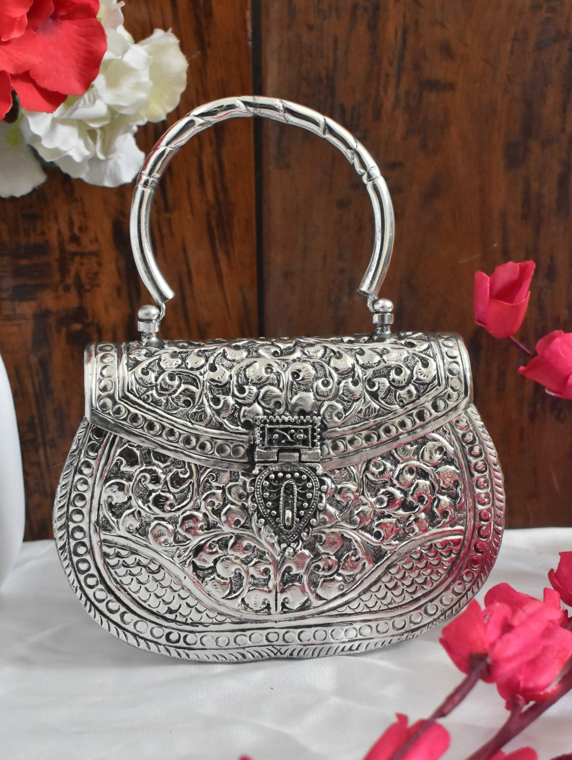 Silver Brass Clutch with handle