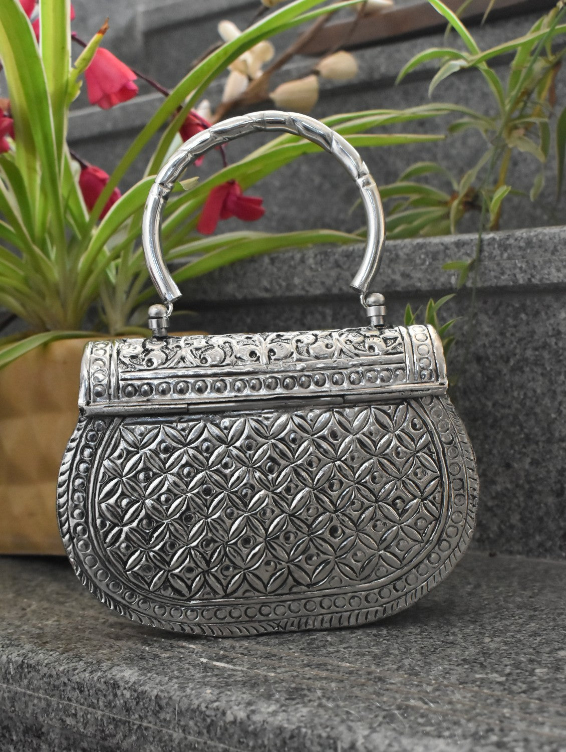 Silver Brass Clutch with handle