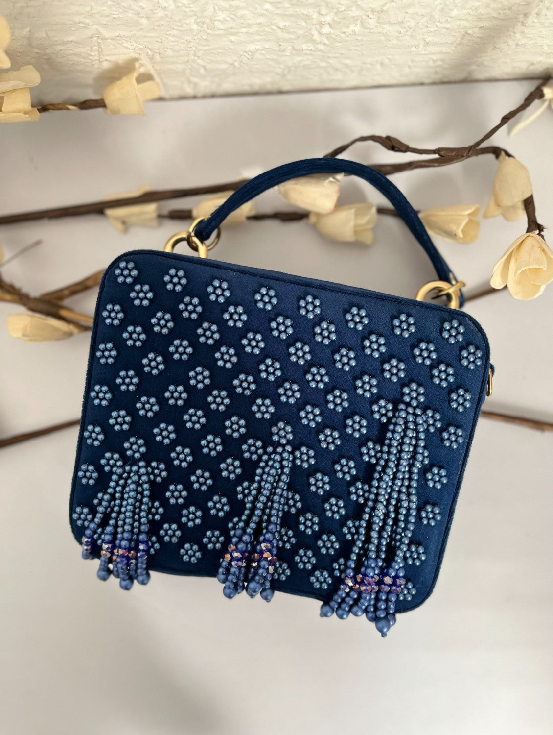 blue briefcase bag style clutch