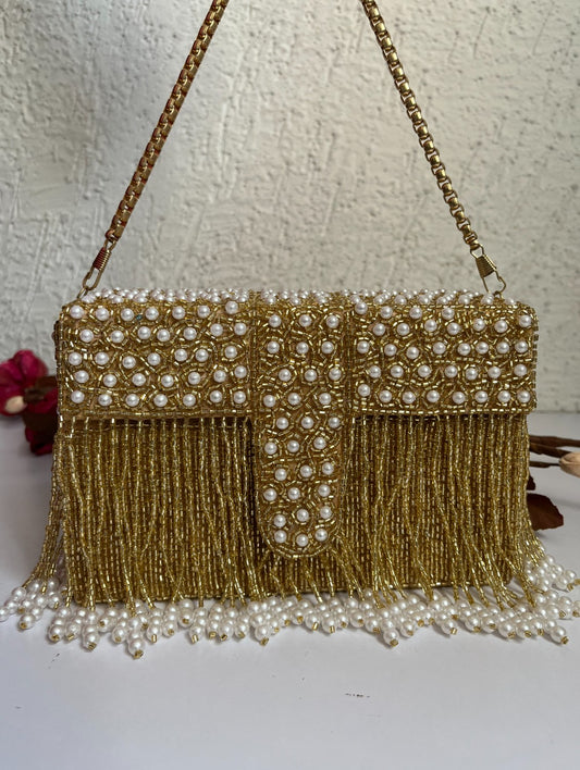 Gold and pearl box clutch