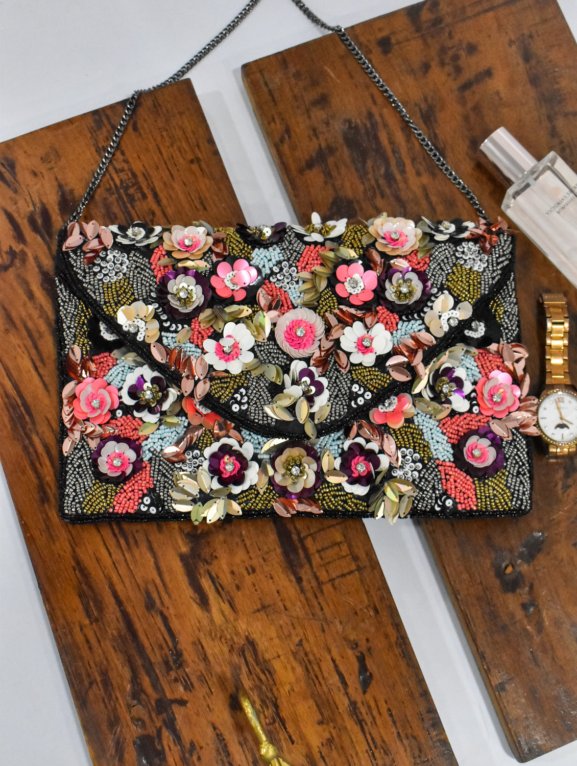 Black Floral Envelope Bag