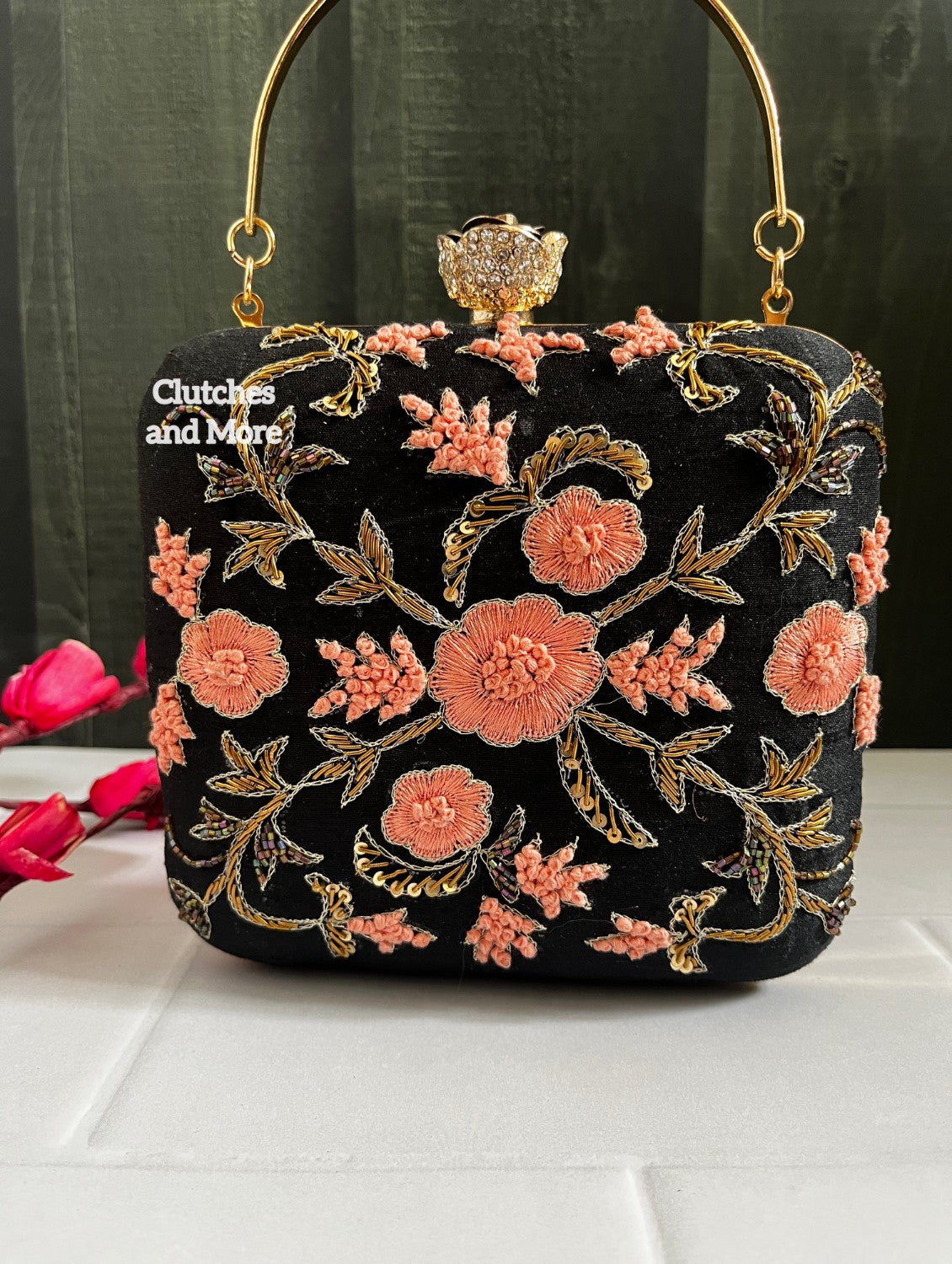 Black Floral Square Clutch